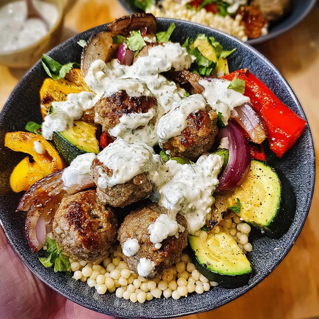A close-up of a Greek Meatball Bowl featuring seasoned meatballs, roasted bell peppers, zucchini, red onion, and a creamy tzatziki sauce over couscous.