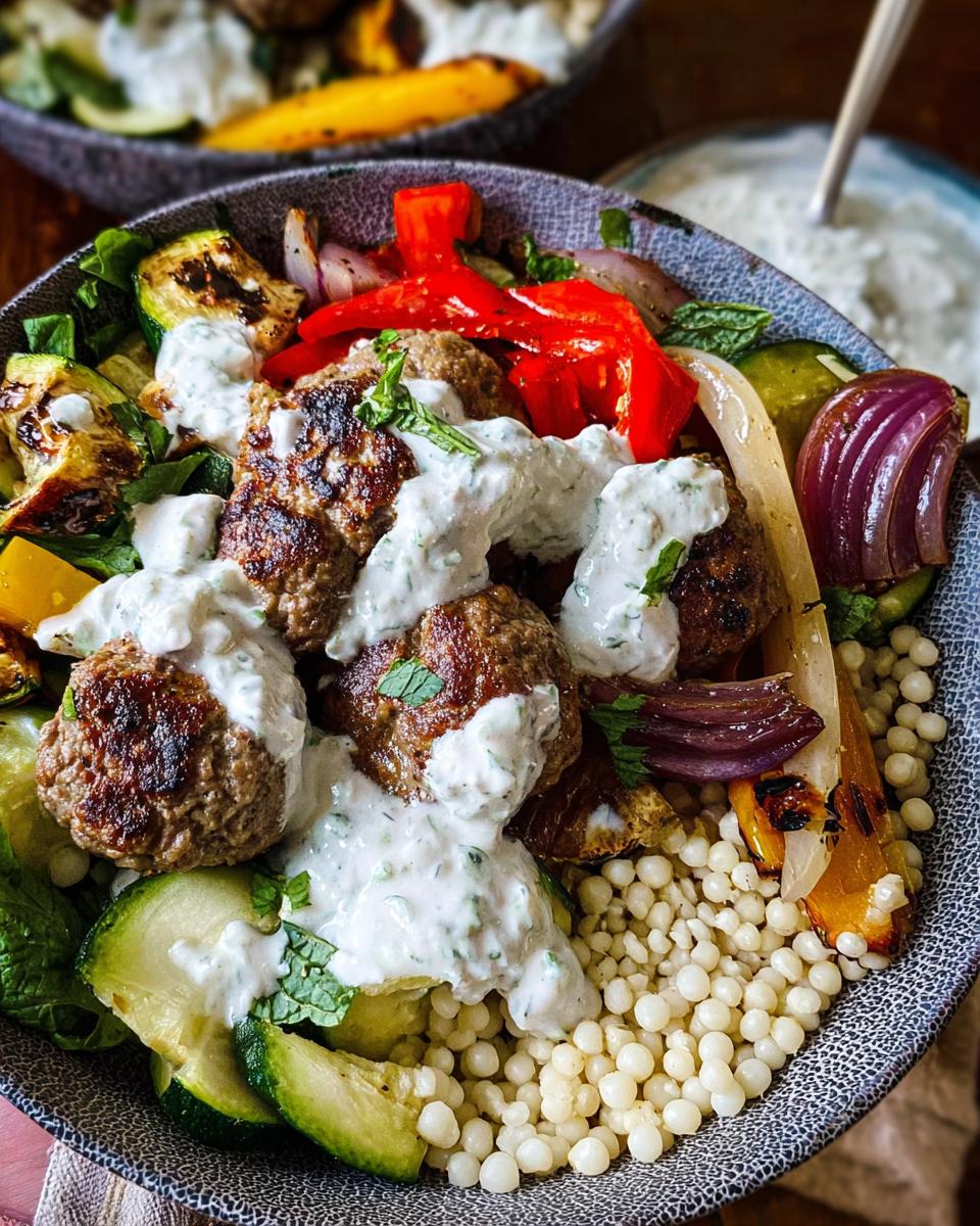 A vibrant Greek Meatball Bowl filled with juicy meatballs, roasted vegetables, couscous, and drizzled with creamy tzatziki sauce.