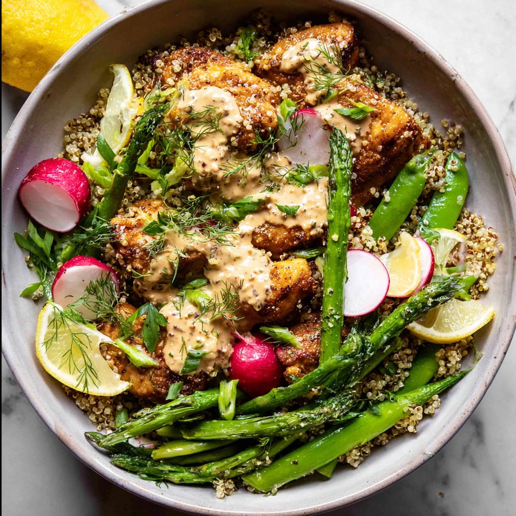A vibrant bowl of Healthy Lemon Garlic Chicken Meal Prep, featuring crispy chicken, quinoa, asparagus, radishes, and a creamy dressing.