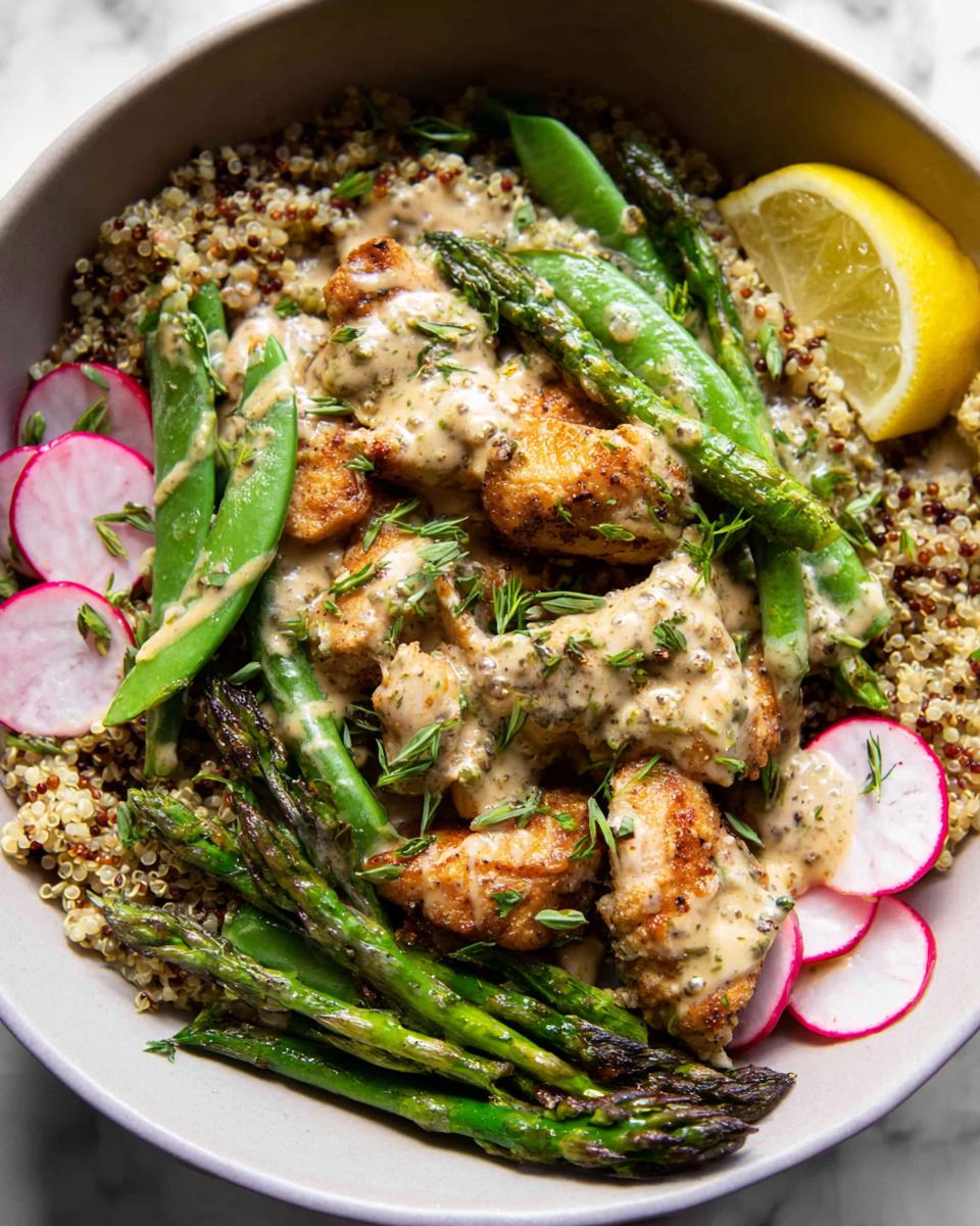 A healthy lemon garlic chicken meal prep bowl with quinoa, asparagus, snap peas, radishes, and a creamy sauce.