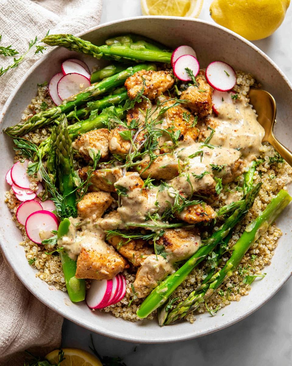 A close-up of a Healthy Lemon Garlic Chicken Meal Prep Bowl with quinoa, asparagus, radishes, and creamy sauce.