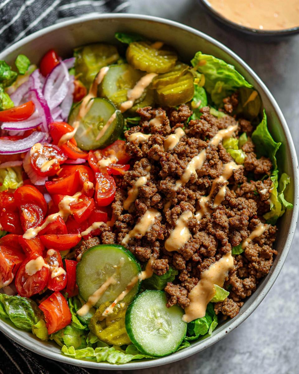 A close-up of a High-Protein Cheeseburger Bowl with ground beef, lettuce, tomatoes, onions, pickles, and a drizzle of sauce.