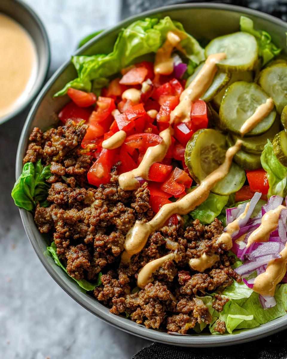 A close-up of a High-Protein Cheeseburger Bowl with seasoned ground beef, lettuce, tomatoes, pickles, red onion, and a drizzle of sauce.
