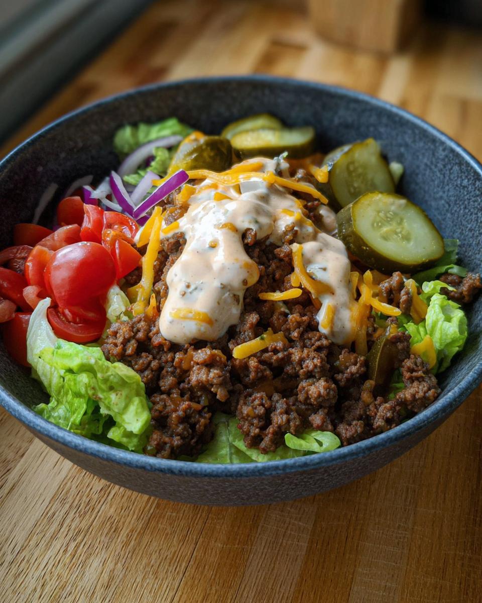 A delicious High-Protein Cheeseburger Bowl filled with seasoned ground beef, lettuce, tomatoes, pickles, onions, cheese, and a creamy dressing.