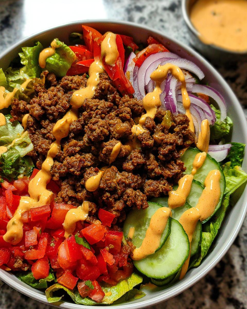 A delicious High-Protein Cheeseburger Bowl with seasoned ground beef, lettuce, tomatoes, onions, cucumbers, and a creamy sauce.
