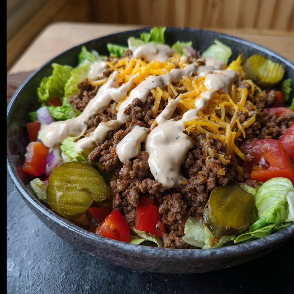 A delicious bowl filled with ground beef, lettuce, tomatoes, pickles, onions, shredded cheese, and a creamy dressing, representing the High-Protein Cheeseburger Bowls Recipe.