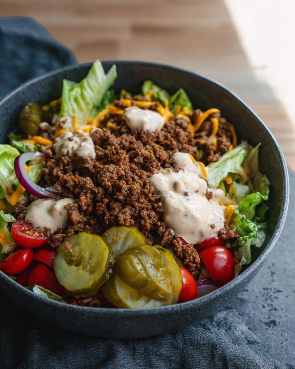 Close-up of a High-Protein Cheeseburger Bowl with seasoned ground beef, lettuce, tomatoes, pickles, onions, cheese, and sauce.