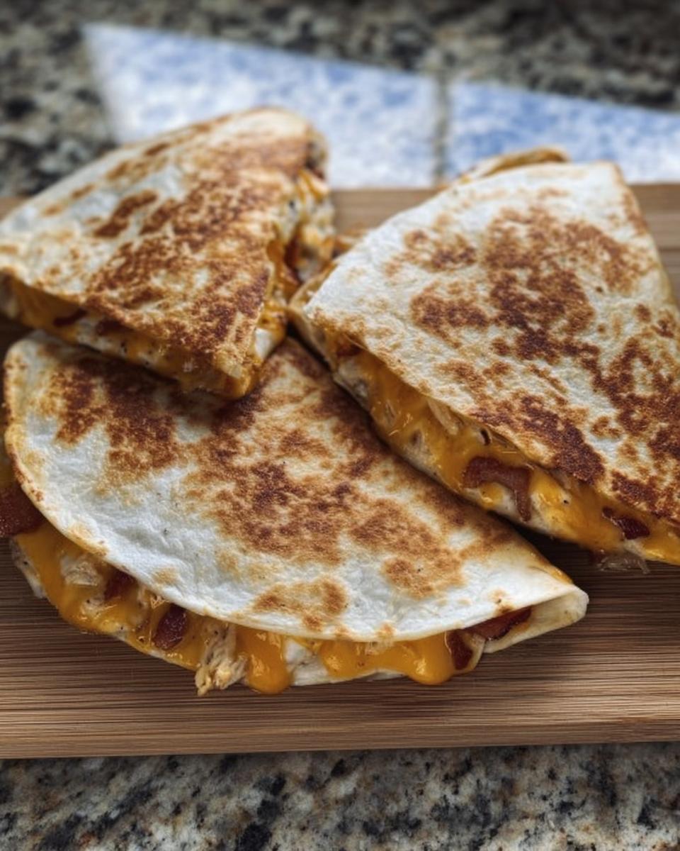 Three slices of a golden-brown High-Protein Chicken Ranch Quesadilla, filled with melted cheese and chicken.
