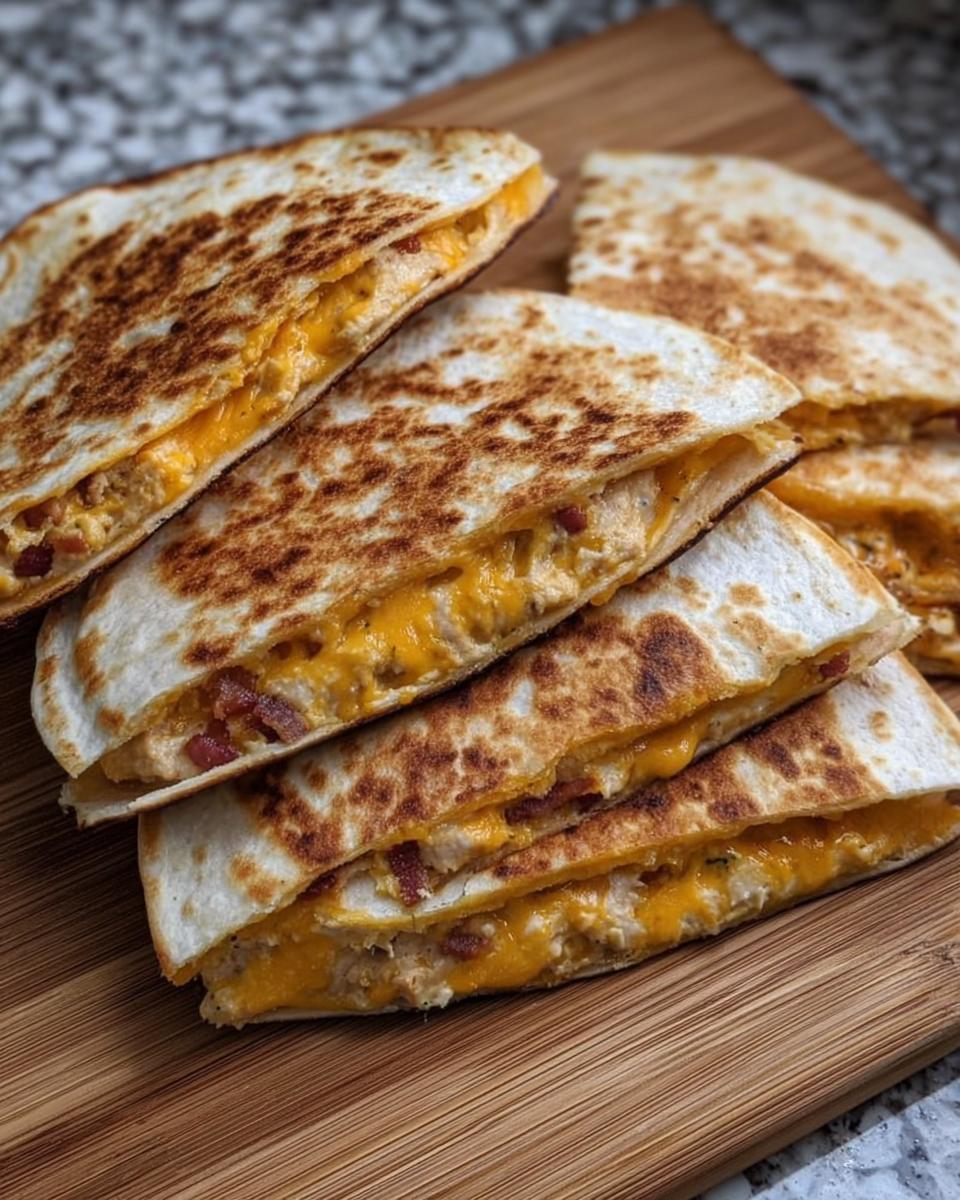 Golden-brown slices of High-Protein Chicken Ranch Quesadilla filled with melted cheese and chicken.