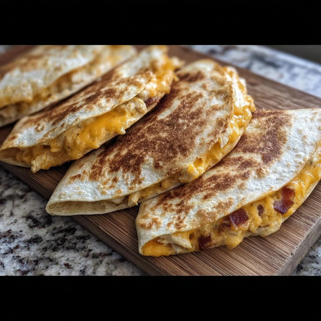 Golden brown High-Protein Chicken Ranch Quesadillas filled with melted cheese and chicken, served on a wooden board.