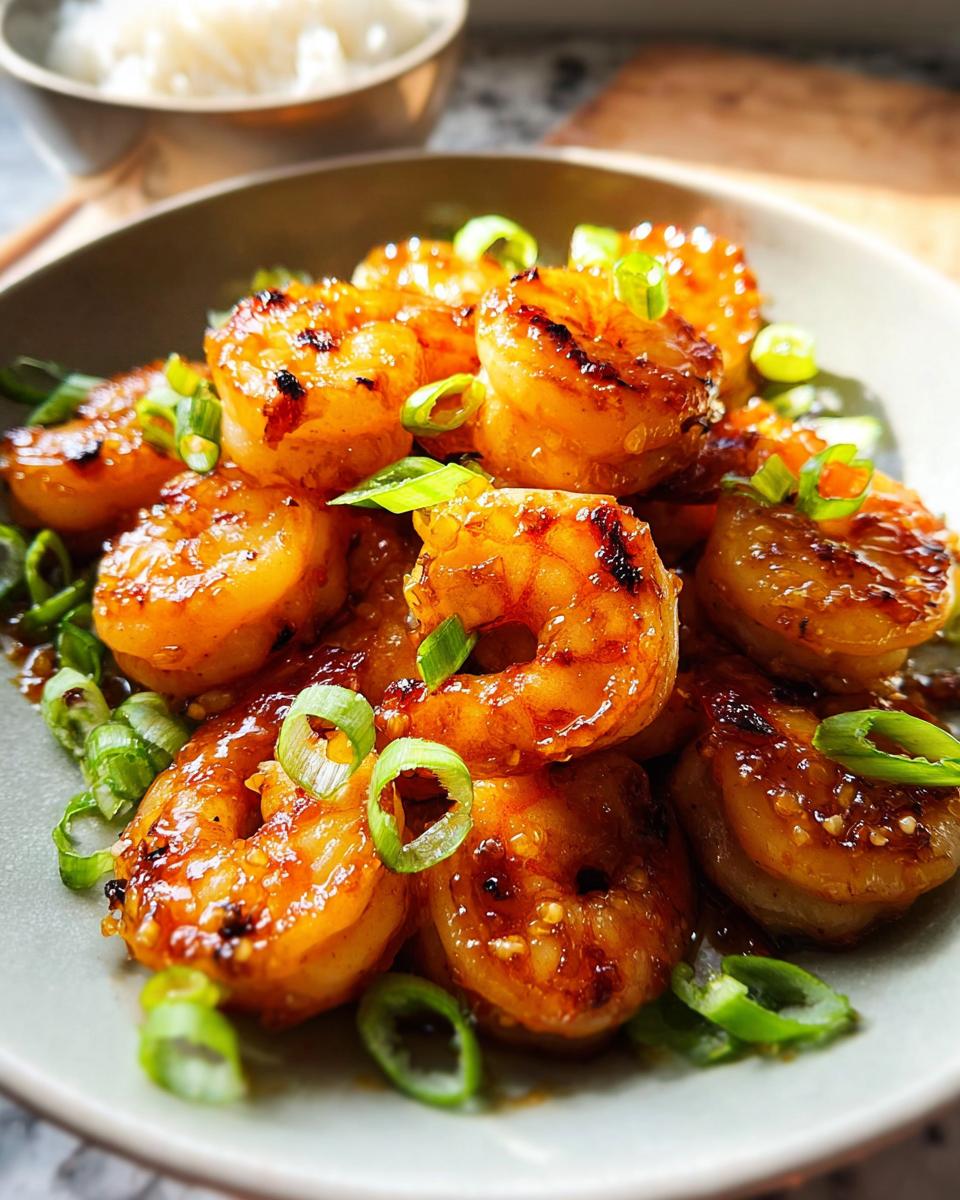 A close-up of glistening High-Protein Honey Garlic Shrimp, garnished with chopped green onions.
