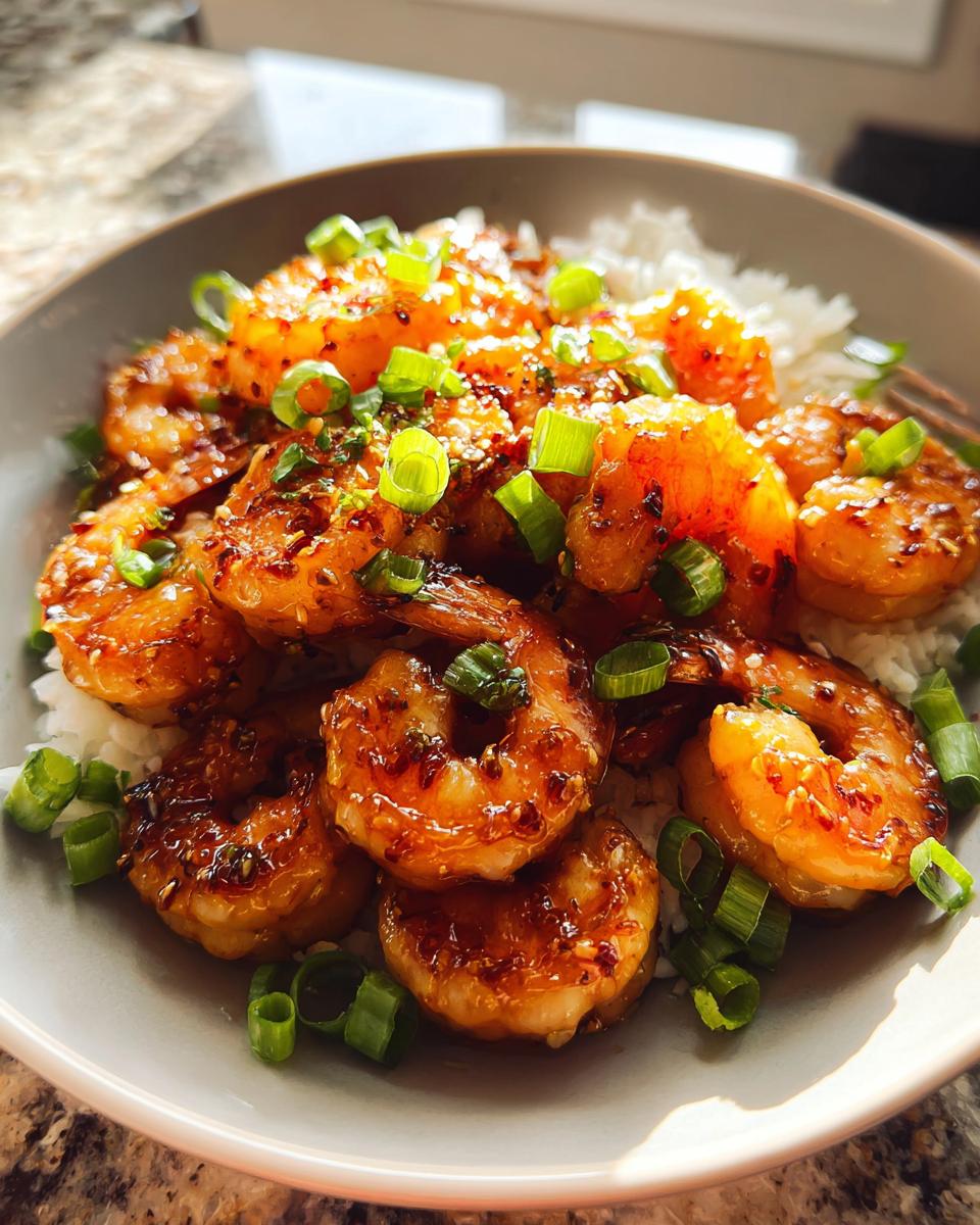 Close-up of a bowl filled with fluffy white rice and glistening High-Protein Honey Garlic Shrimp, garnished with chopped green onions.