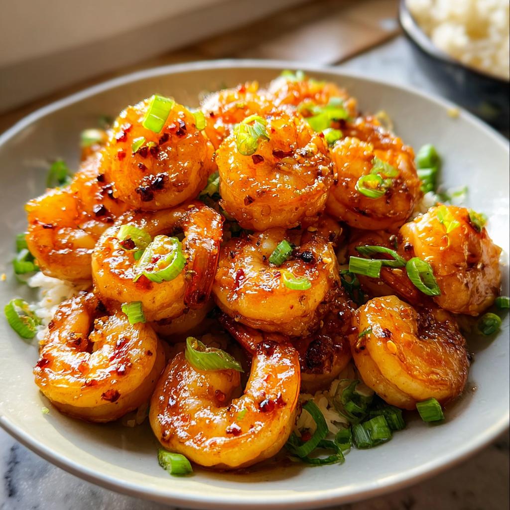 A close-up of a bowl filled with glistening High-Protein Honey Garlic Shrimp served over rice and garnished with green onions.