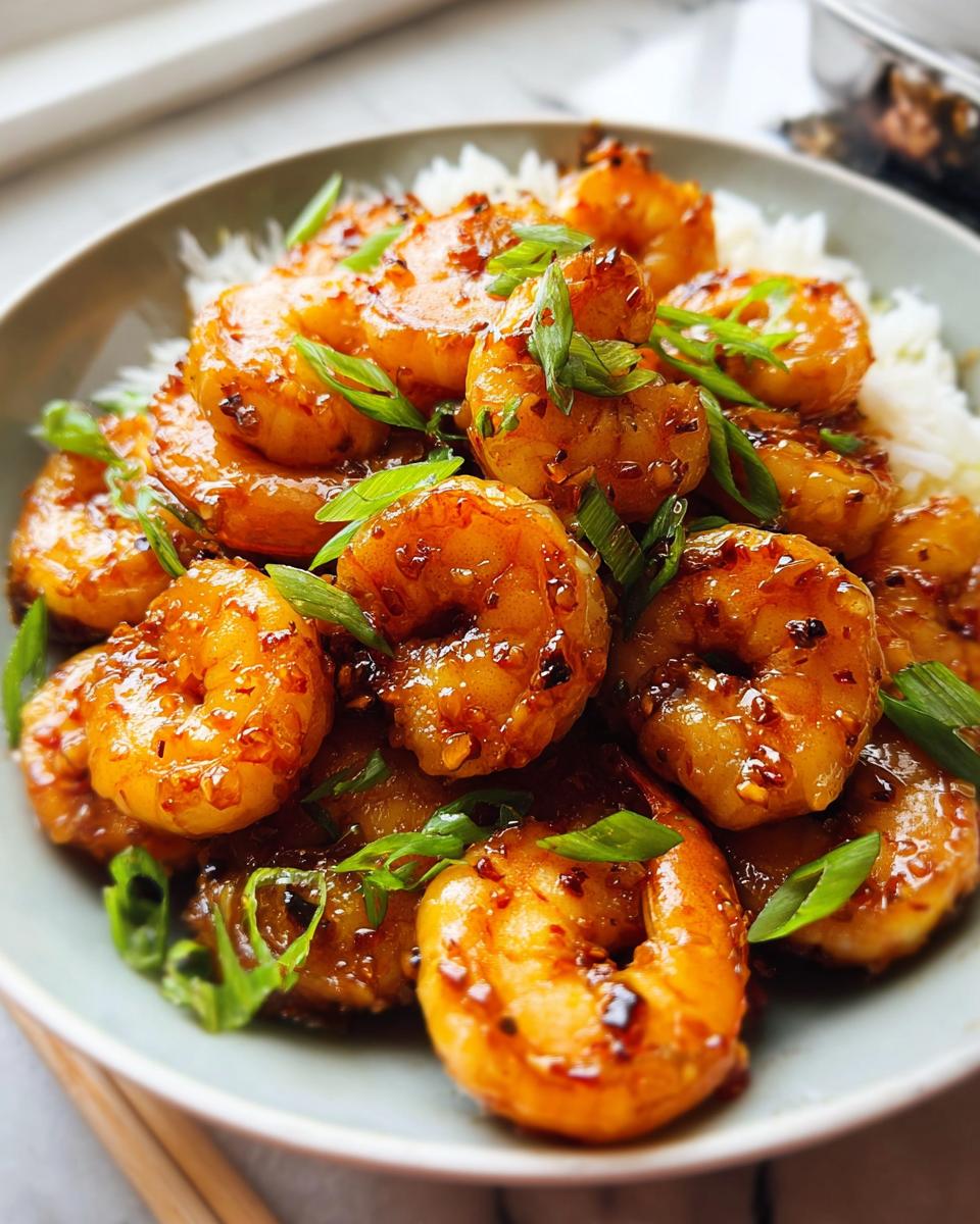 A close-up of a bowl filled with fluffy white rice topped with glistening High-Protein Honey Garlic Shrimp and garnished with chopped green onions.