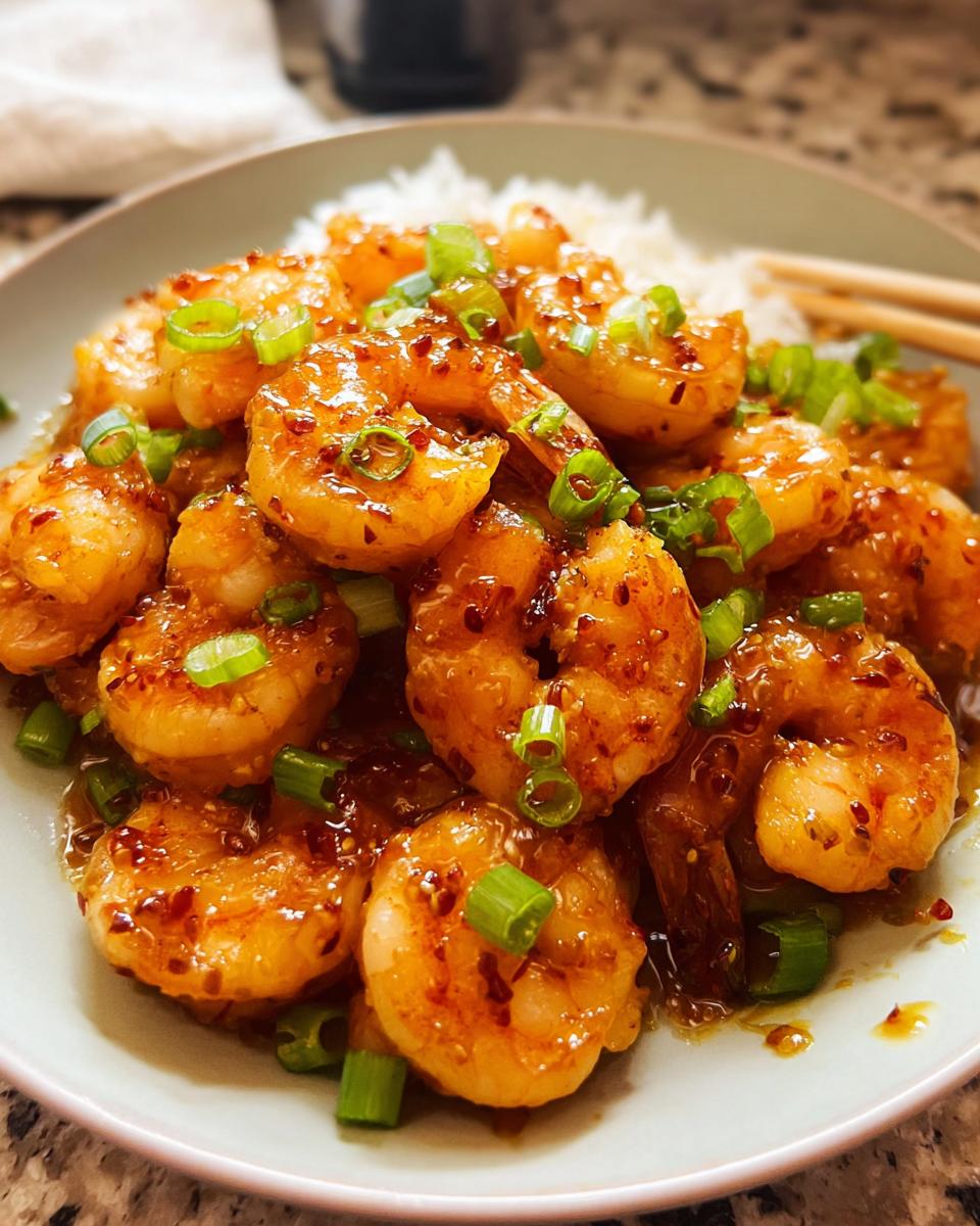 A plate of glistening High-Protein Honey Garlic Shrimp served over white rice and garnished with chopped green onions.