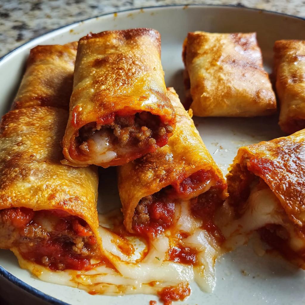 Close-up of golden-brown HIGH PROTEIN Pepperoni Pizza Rolls, oozing with melted cheese and marinara sauce.