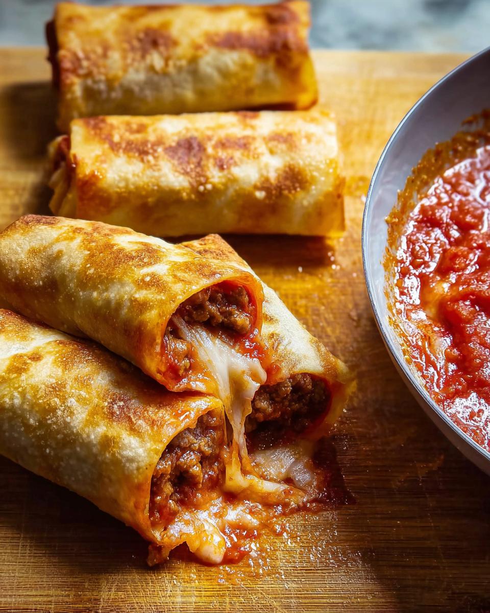 Close-up of HIGH PROTEIN Pepperoni Pizza Rolls, one cut open showing gooey cheese and meat filling, with a bowl of marinara sauce.