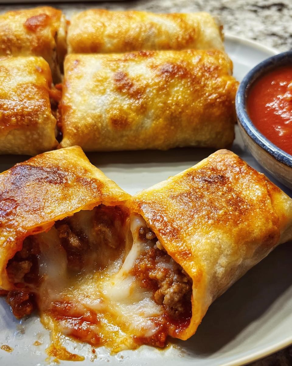 A split HIGH PROTEIN Pepperoni Pizza Roll revealing melted cheese and savory filling, served with marinara sauce.