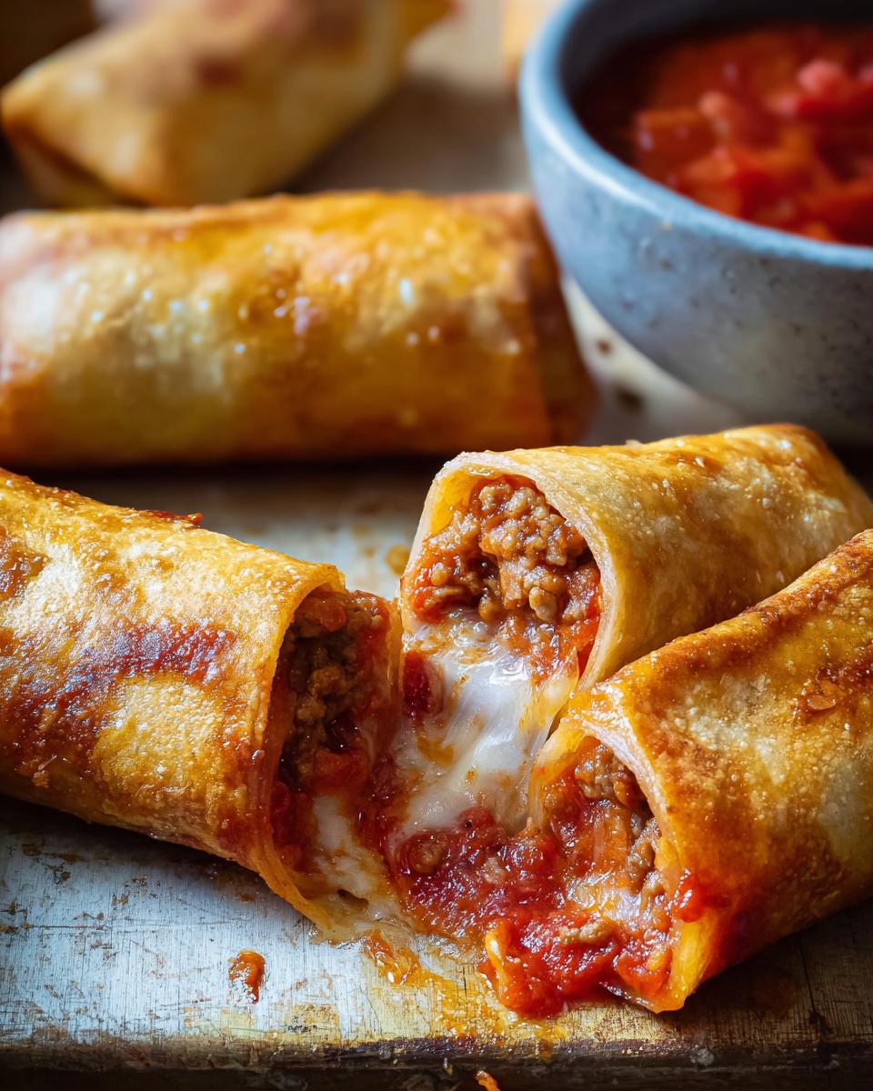 Close-up of HIGH PROTEIN Pepperoni Pizza Rolls, one is broken open showing gooey melted cheese and savory filling.