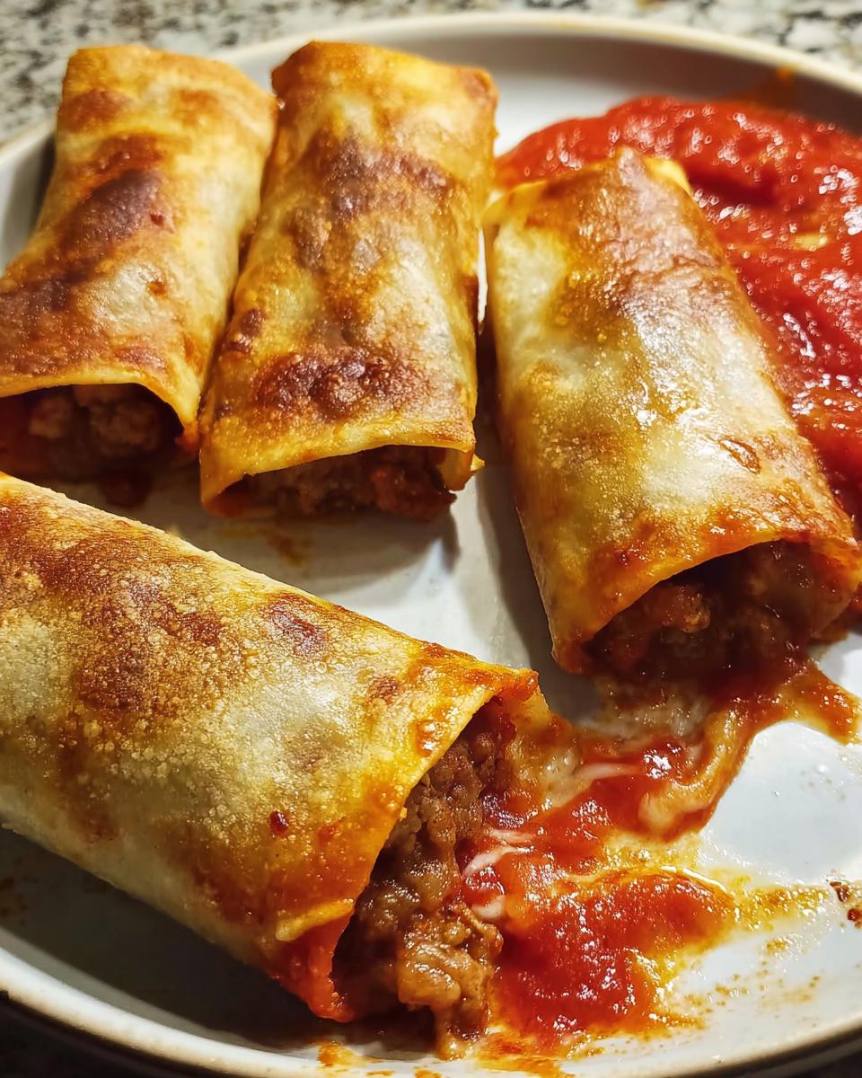 Golden brown HIGH PROTEIN Pepperoni Pizza Rolls filled with meat and cheese, served with marinara sauce.