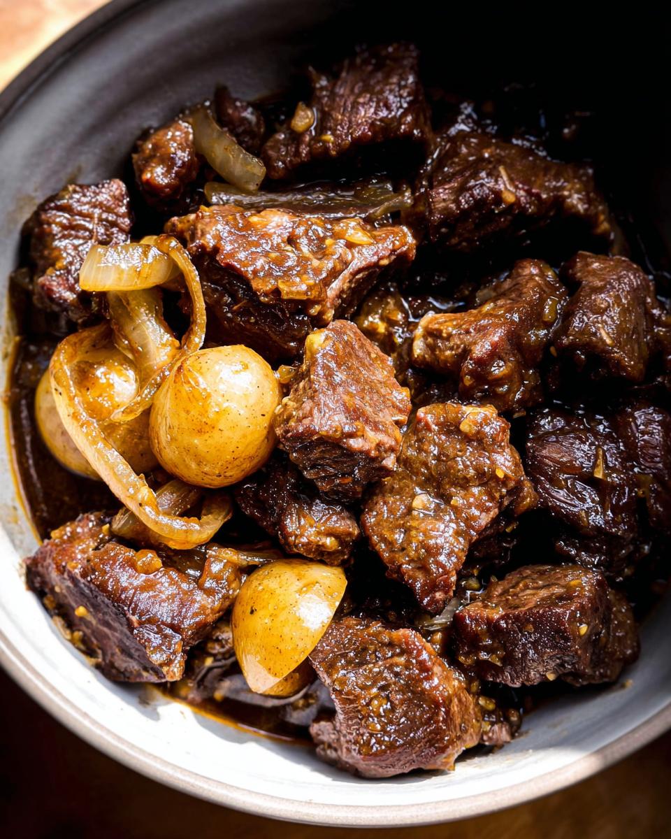 A close-up overhead view of tender High Protein Slow Cooker Garlic Butter Beef Bites in a bowl with onions and potatoes.