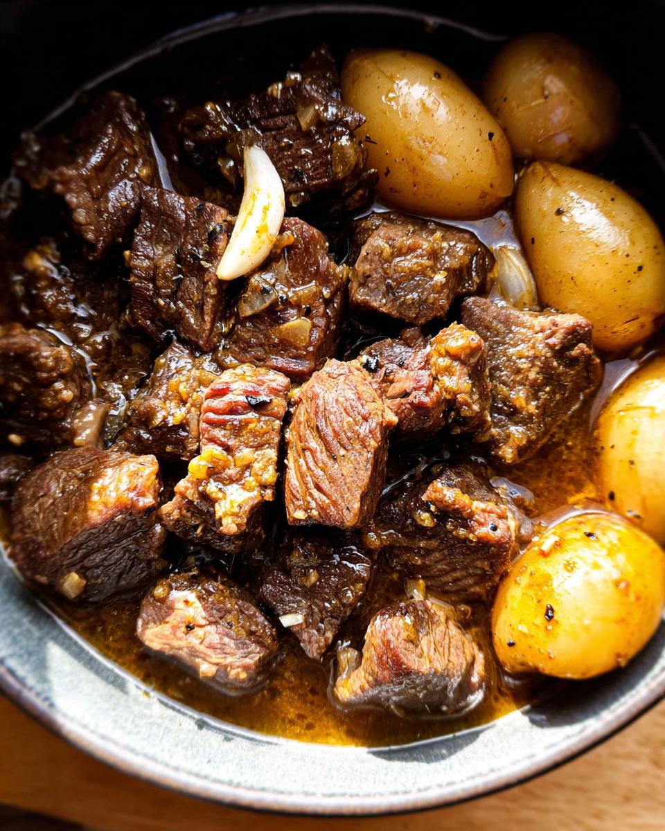 Close-up of tender High Protein Slow Cooker Garlic Butter Beef Bites with small potatoes and garlic cloves in a rich sauce.