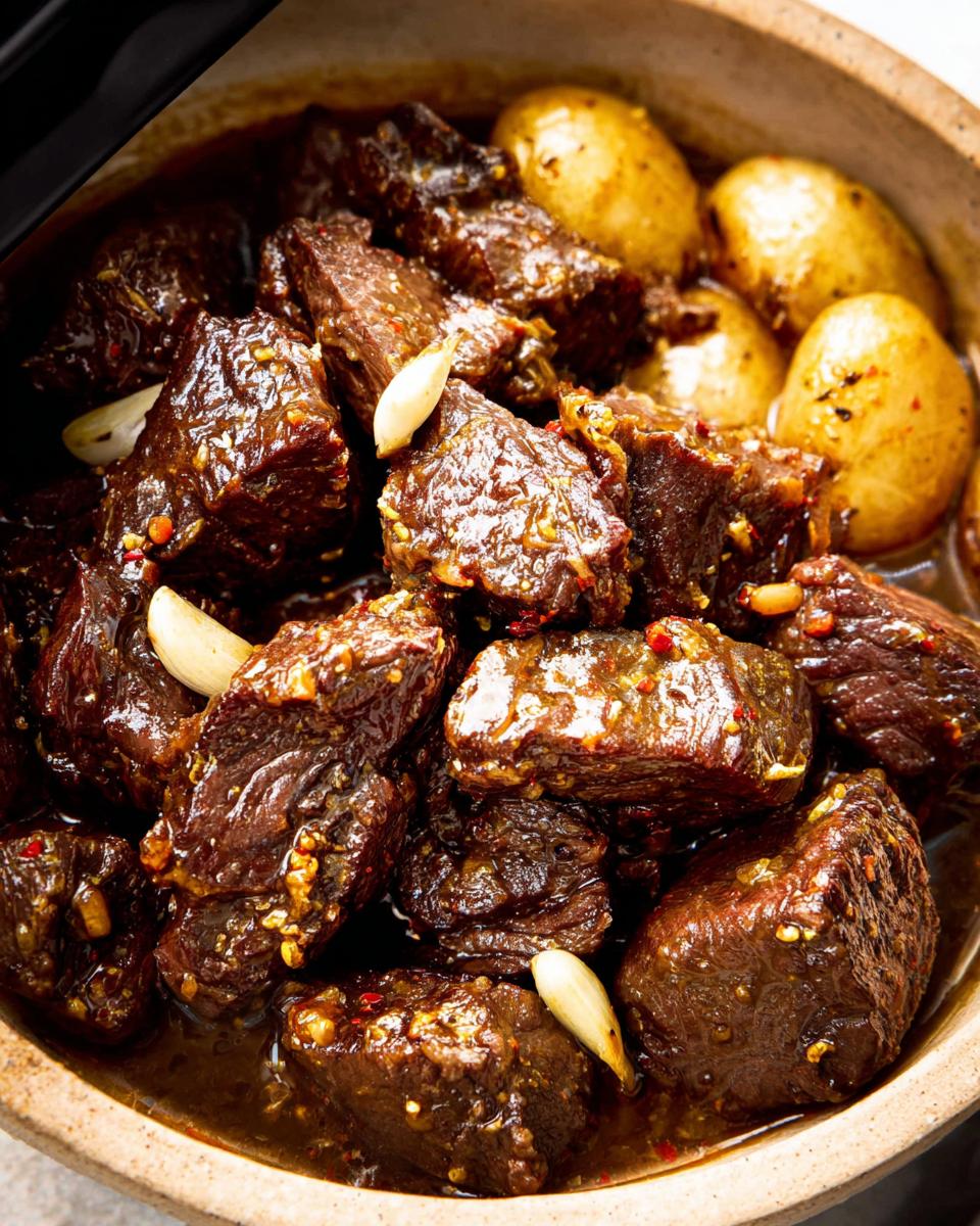 Close-up of tender High Protein Slow Cooker Garlic Butter Beef Bites with garlic cloves and small potatoes.