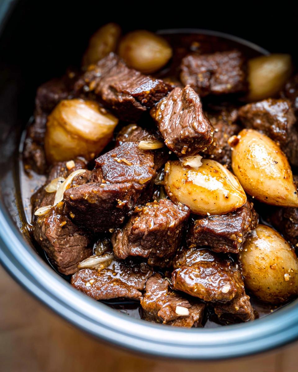 Close-up of tender High Protein Slow Cooker Garlic Butter Beef Bites with whole garlic cloves in a rich sauce.