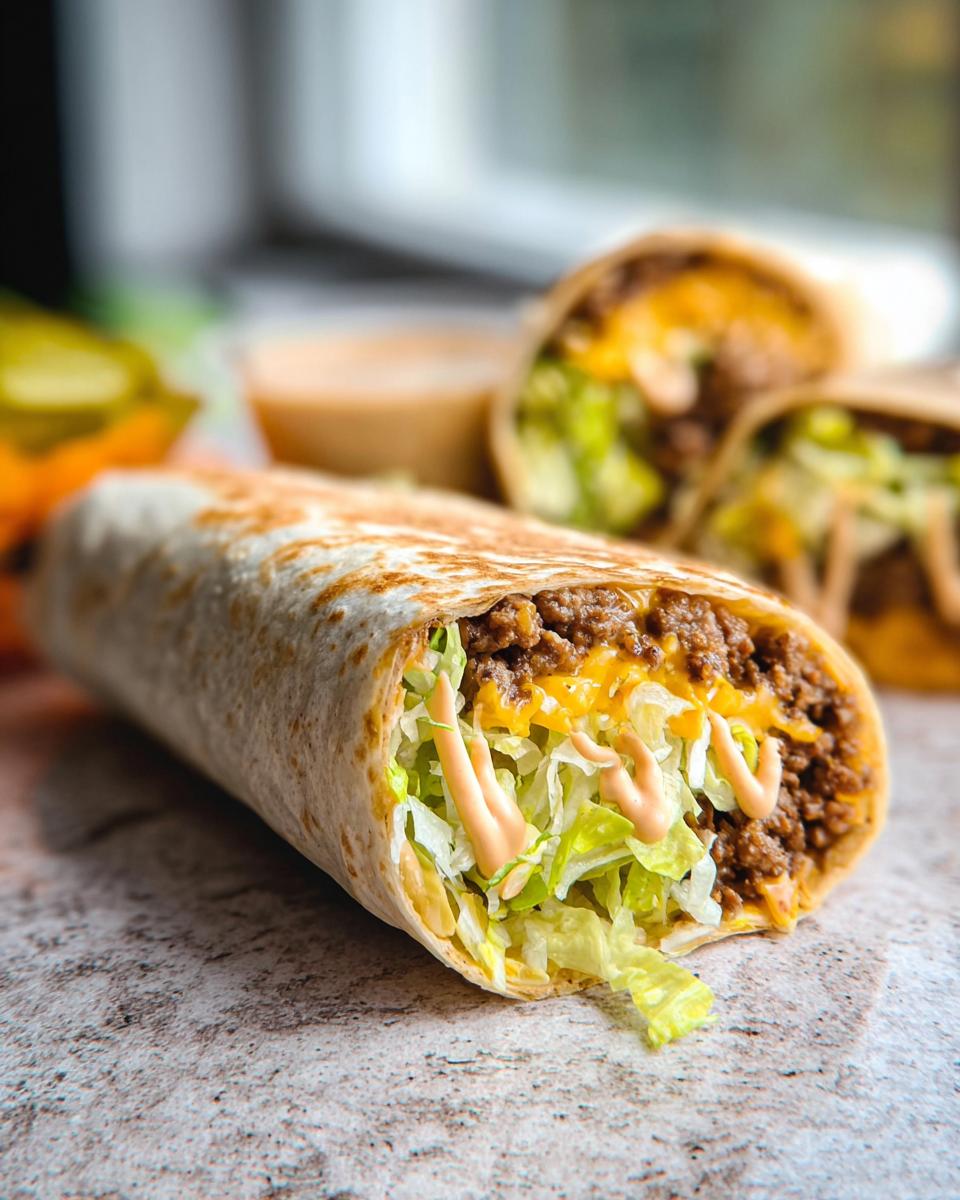 Close-up of a Homemade Big Mac Wrap filled with seasoned ground beef, shredded lettuce, melted cheese, and a drizzle of special sauce.