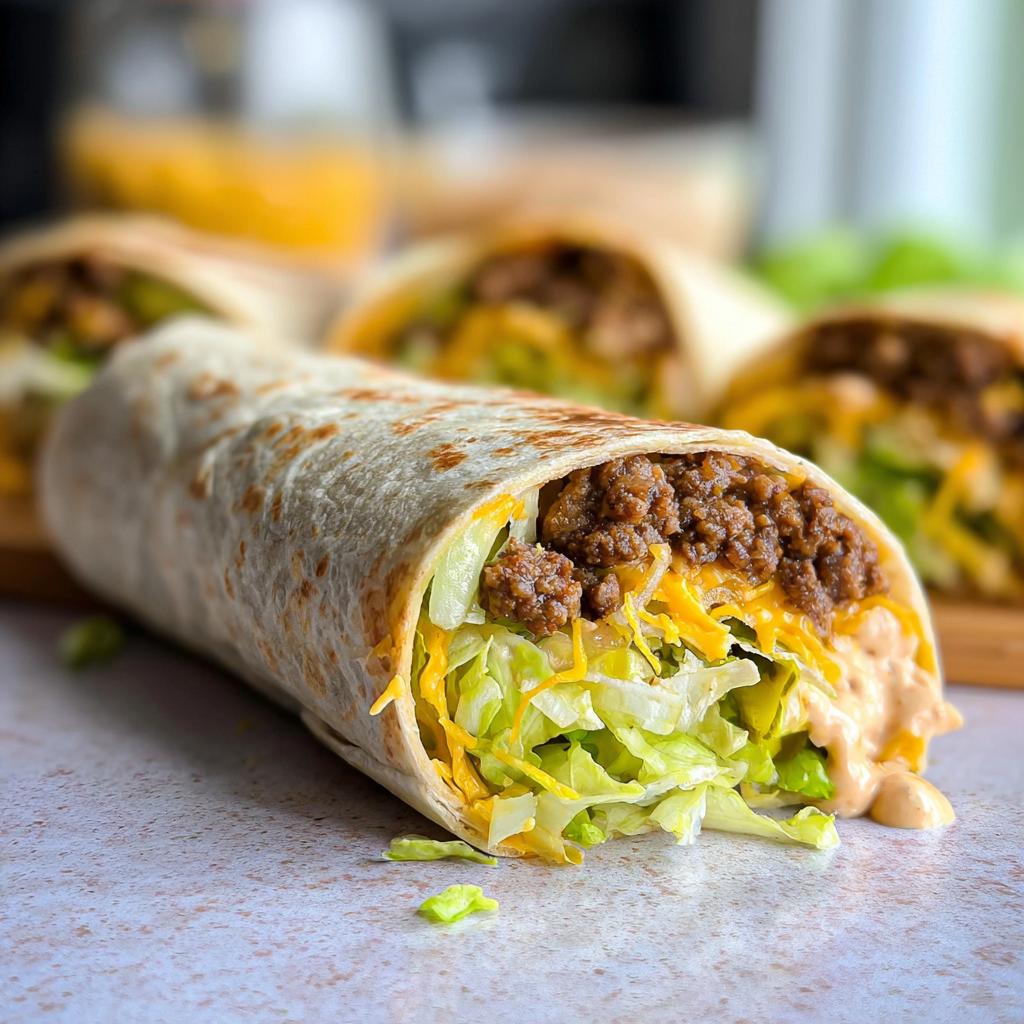 Close-up of a Homemade Big Mac Wrap filled with seasoned ground beef, shredded lettuce, cheese, and special sauce.