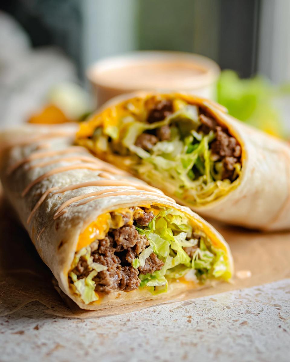 Close-up of two Homemade Big Mac Wraps cut in half, showing seasoned ground beef, shredded lettuce, and melted cheese.