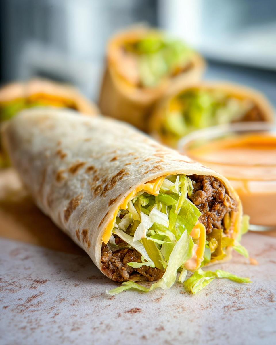 Close-up of a Homemade Big Mac Wrap filled with seasoned ground beef, shredded lettuce, cheese, and sauce.