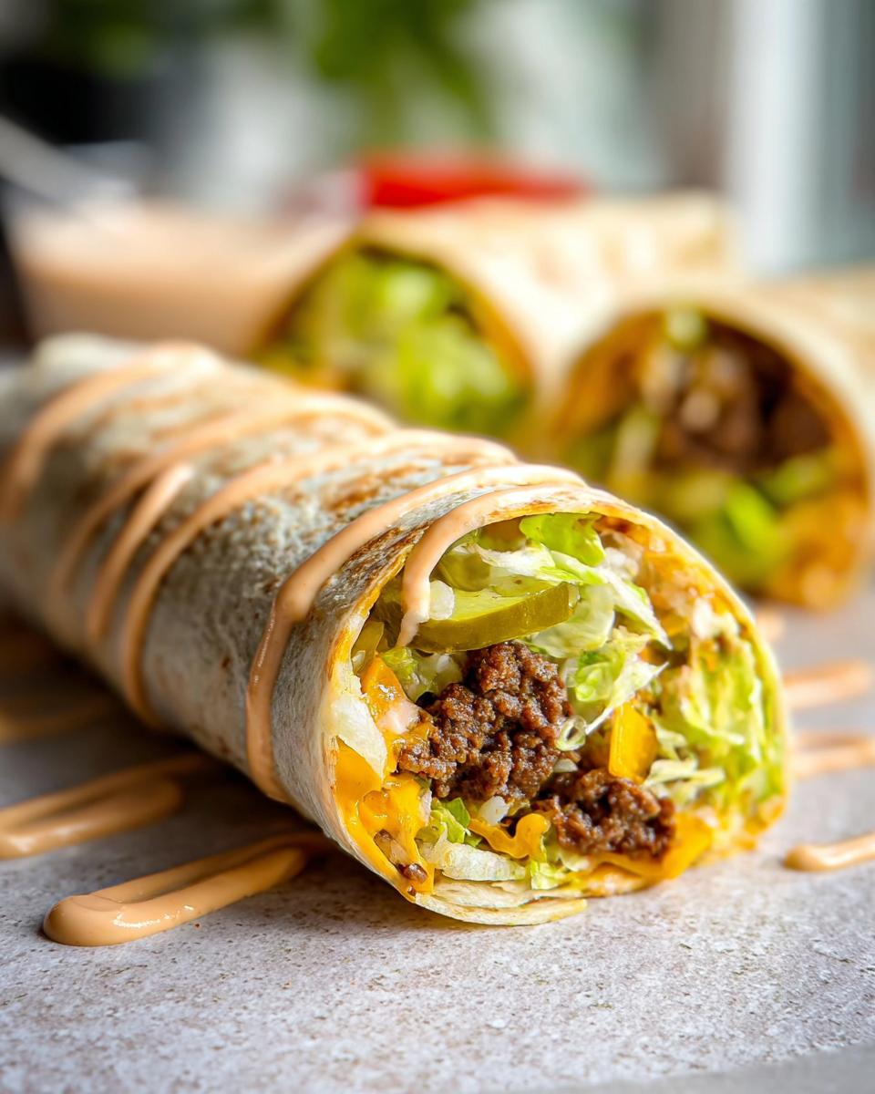 Close-up of a Homemade Big Mac Wrap filled with seasoned ground beef, shredded lettuce, and pickles, drizzled with sauce.