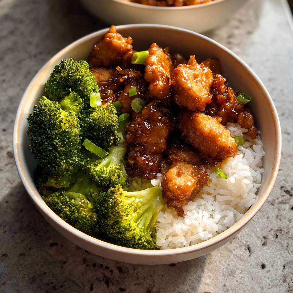 A delicious Honey Garlic Pork Rice Bowl featuring crispy pork, fluffy white rice, and steamed broccoli, garnished with green onions.