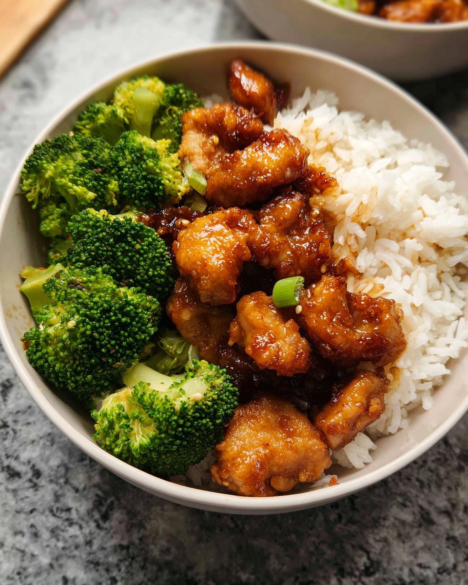 A close-up of a Honey Garlic Pork Rice Bowl featuring tender pork pieces glazed in sauce, fluffy white rice, and vibrant steamed broccoli florets.