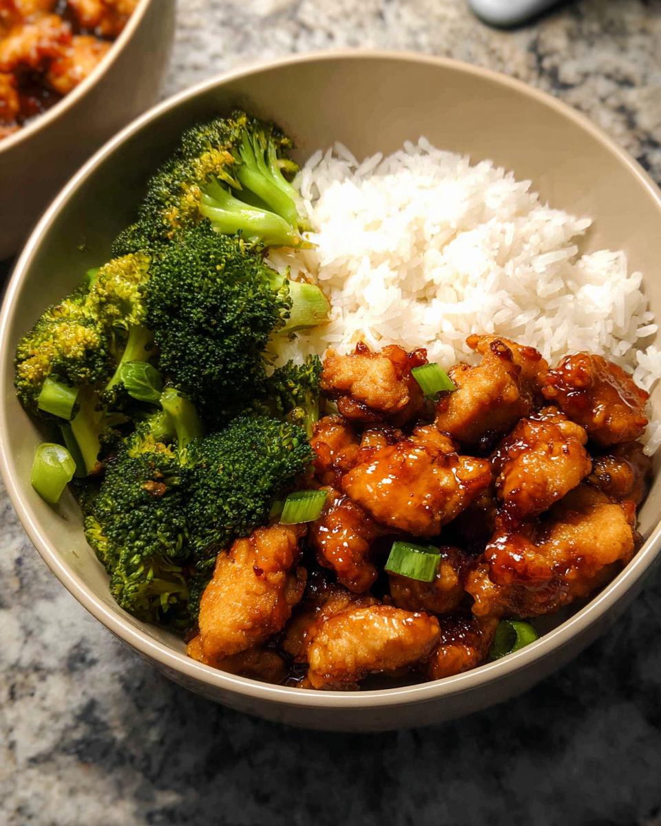 A delicious Honey Garlic Pork Rice Bowl with tender pork, fluffy white rice, and steamed broccoli florets, garnished with green onions.
