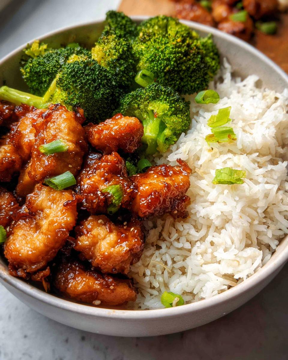 A close-up of a Honey Garlic Pork Rice Bowl featuring glazed pork pieces, steamed rice, and bright green broccoli florets, garnished with scallions.