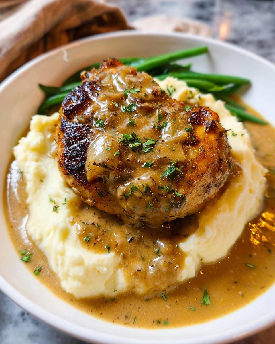 A close-up of Irresistible Garlic Herb Chicken served over creamy mashed potatoes with green beans and gravy.
