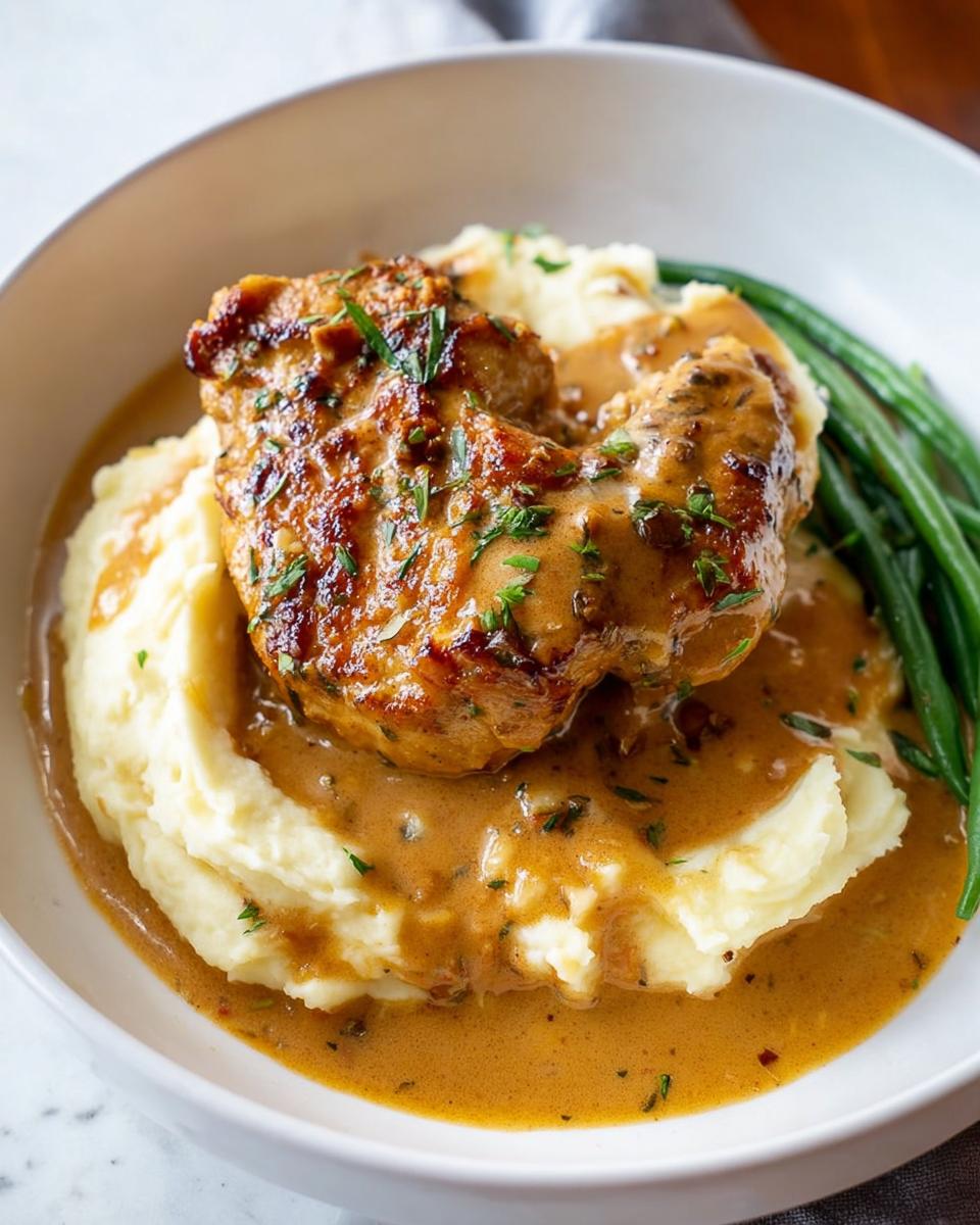 A serving of Irresistible Garlic Herb Chicken with Creamy Mashed Potatoes and green beans, drizzled with sauce.