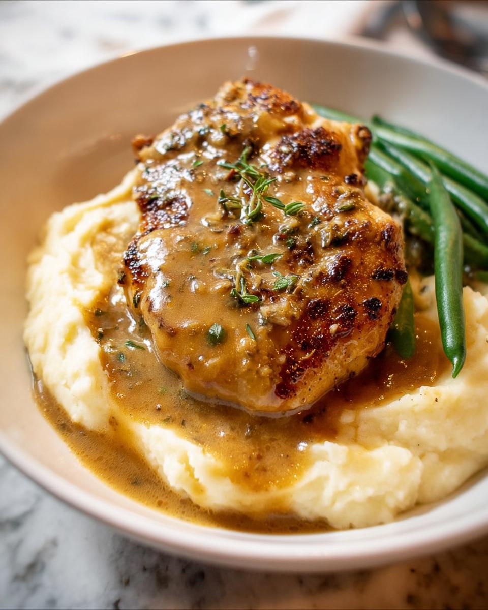 A serving of Irresistible Garlic Herb Chicken with creamy mashed potatoes and green beans, drizzled with sauce.
