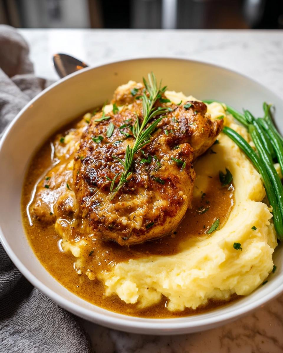 A serving of Irresistible Garlic Herb Chicken with Creamy Mashed Potatoes and green beans, garnished with rosemary.