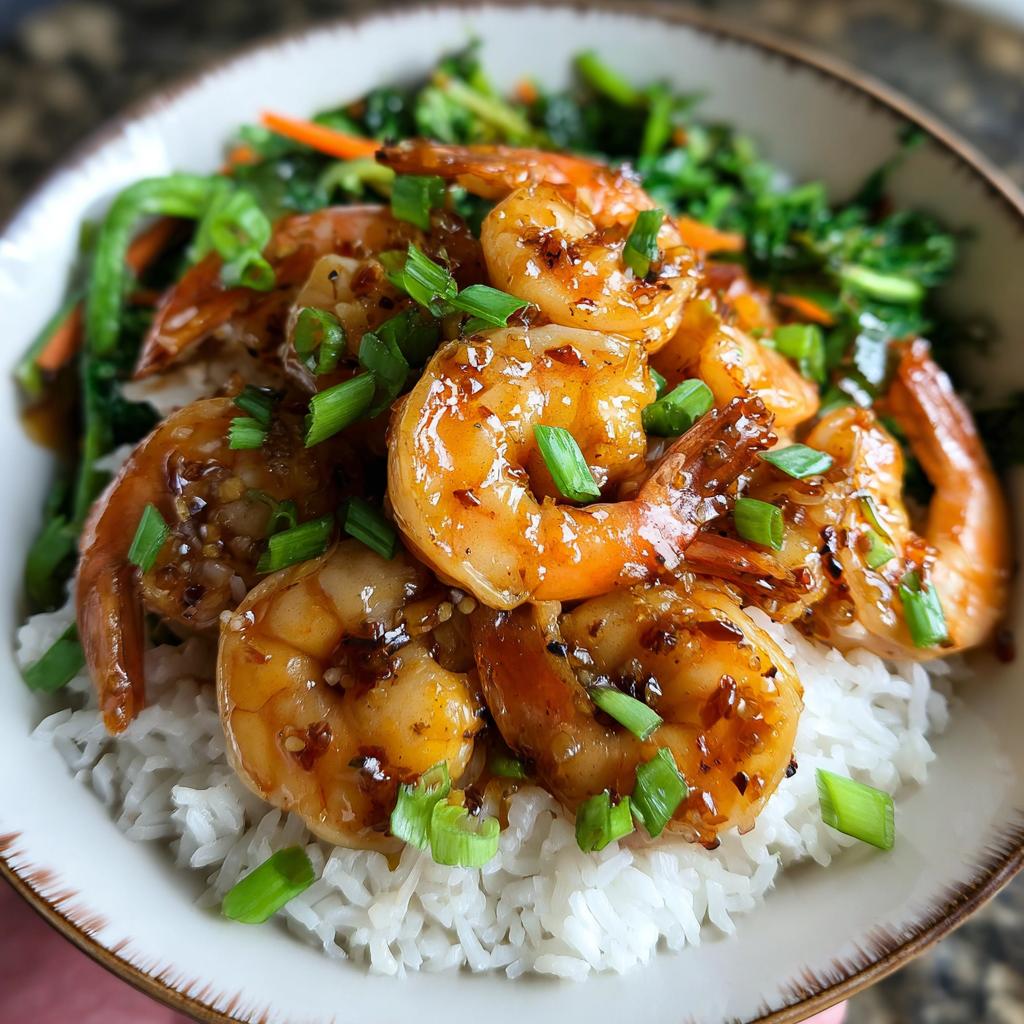 A close-up of Irresistible Honey Garlic Shrimp Bowls, featuring plump shrimp coated in a glossy sauce served over rice with chopped green onions.
