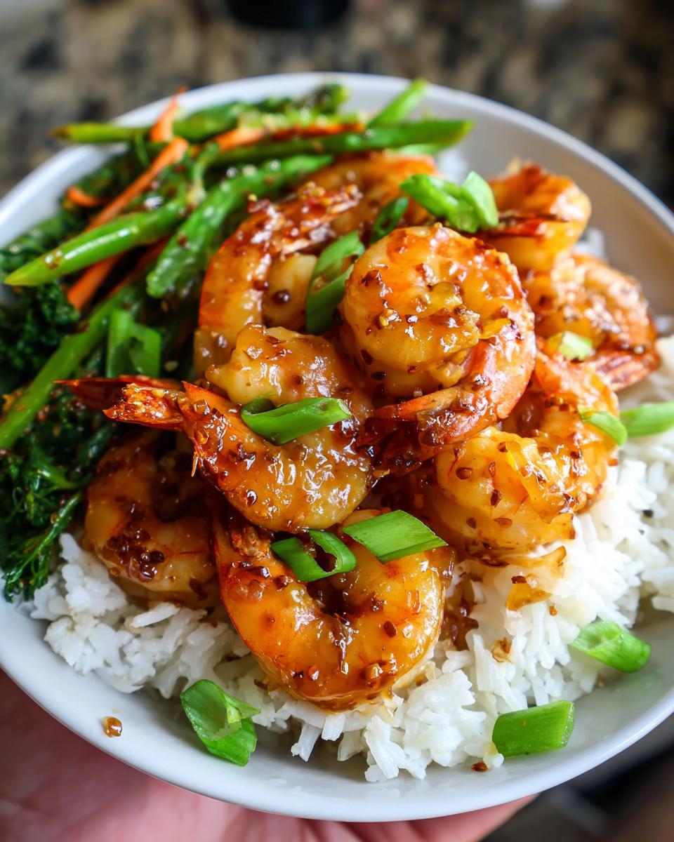 Close-up of Irresistible Honey Garlic Shrimp Bowls with rice and vegetables.
