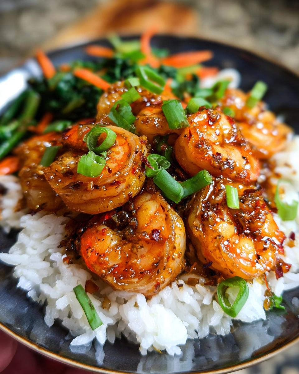 Close-up of Irresistible Honey Garlic Shrimp Bowls with rice and vegetables, garnished with green onions.