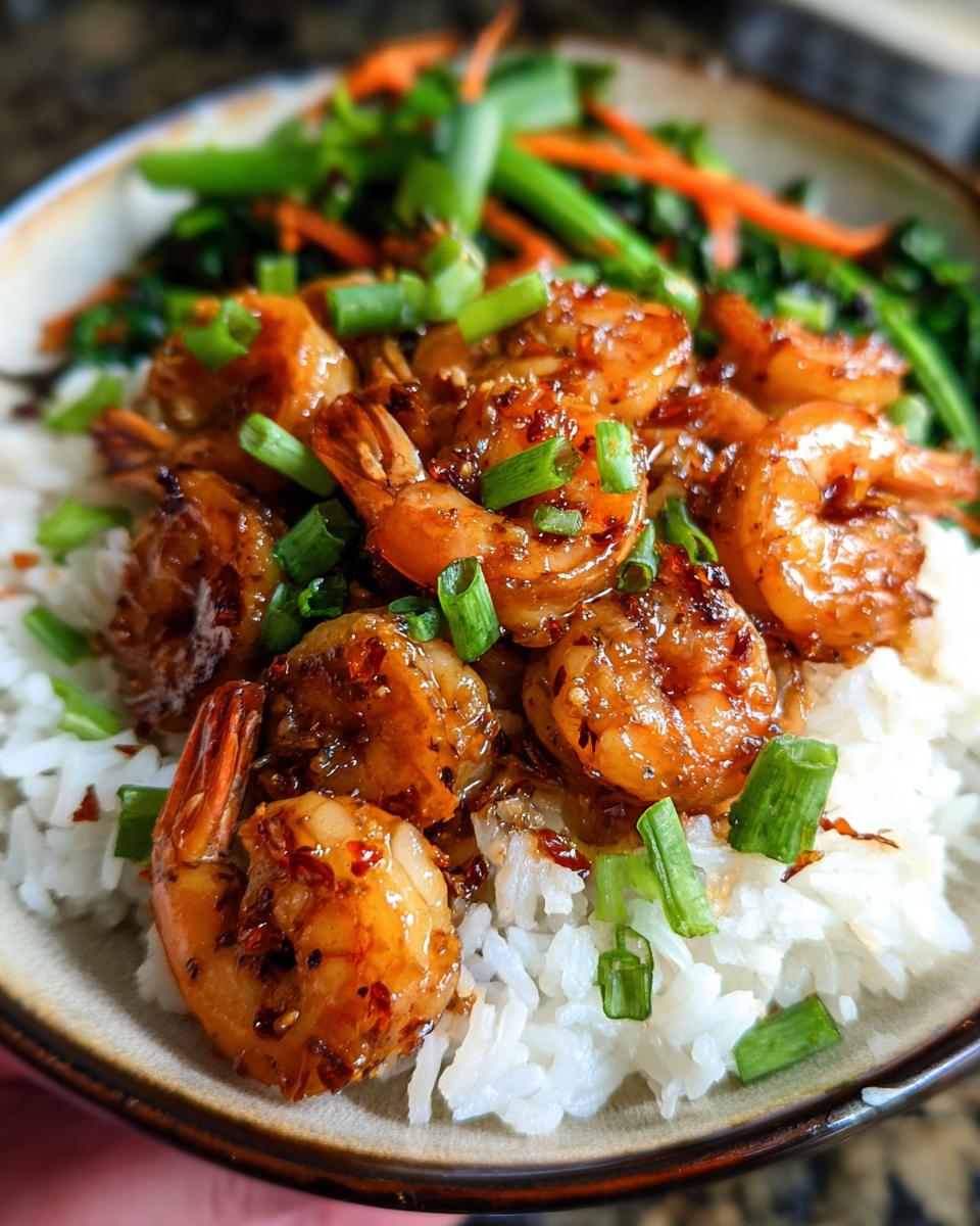 A close-up of Irresistible Honey Garlic Shrimp Bowls, featuring glazed shrimp piled on white rice and topped with chopped green onions.