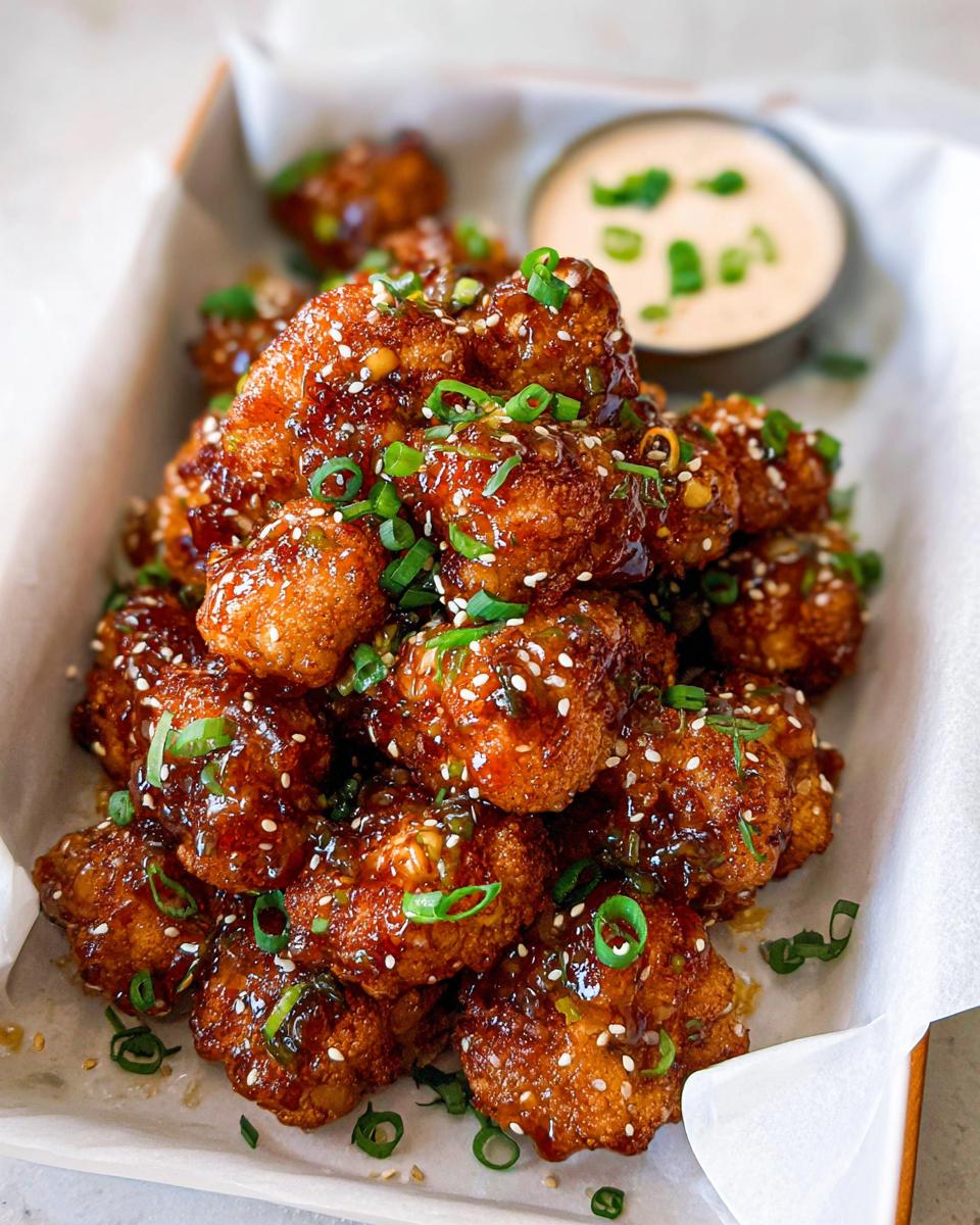 A close-up of Irresistible Sticky Honey Garlic Cauliflower bites, coated in a glossy sauce and sprinkled with sesame seeds and green onions.