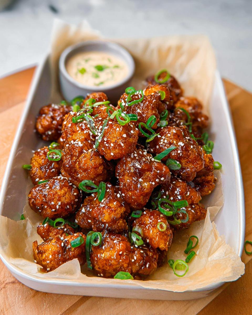 A close-up of Irresistible Sticky Honey Garlic Cauliflower bites, coated in a glossy sauce and sprinkled with sesame seeds and green onions.