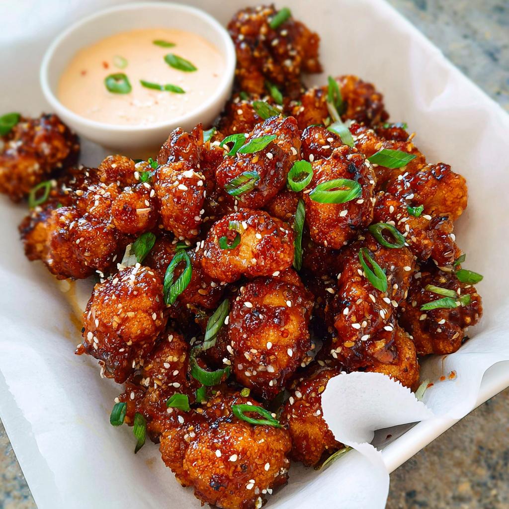 Close-up of Irresistible Sticky Honey Garlic Cauliflower bites, coated in a glossy sauce and sprinkled with sesame seeds and green onions.