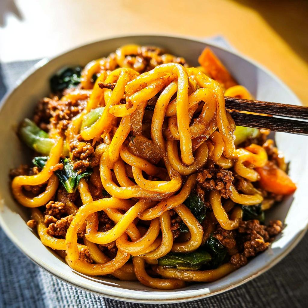 Close-up of a bowl filled with Irresistible Yaki Udon Noodles, featuring thick noodles, minced meat, and greens.
