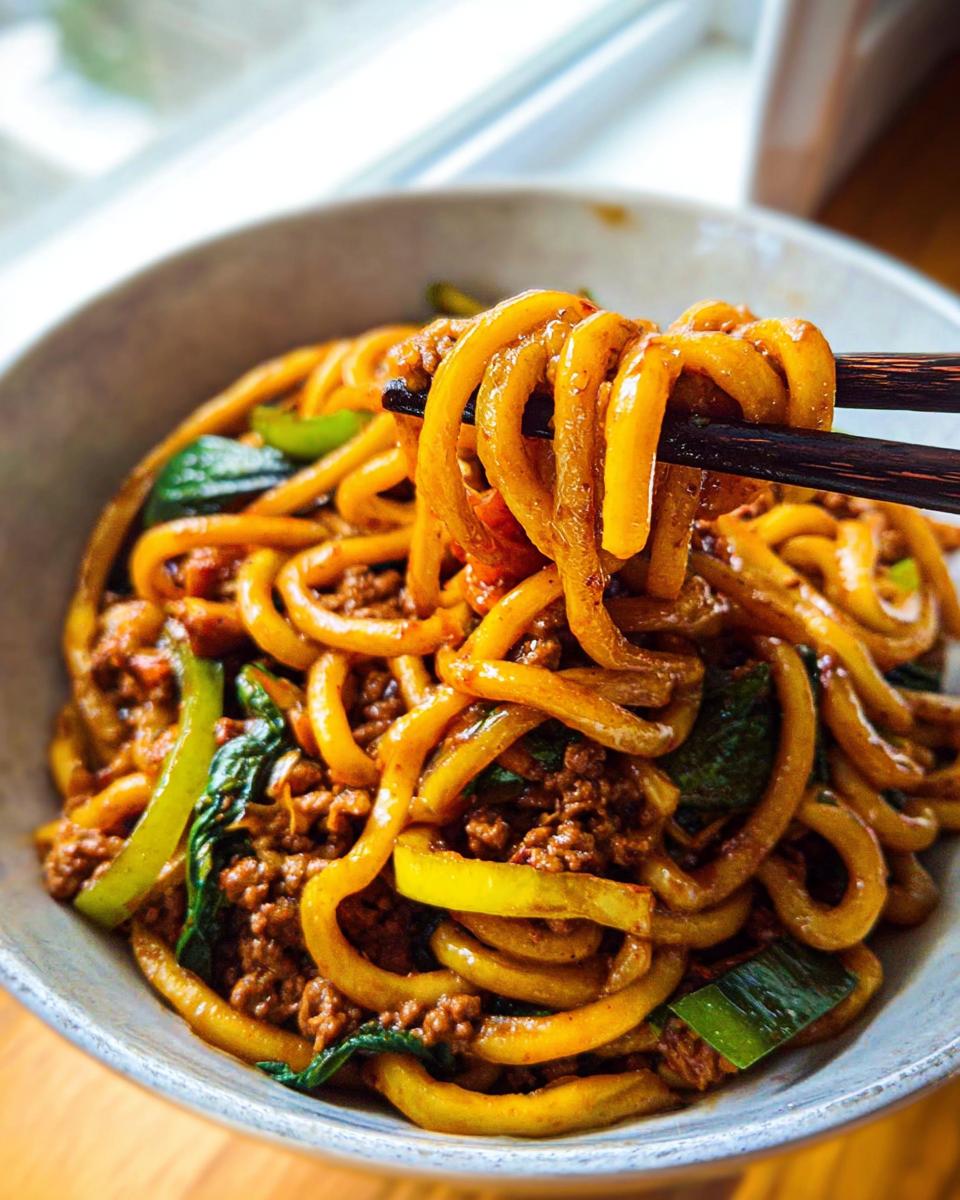 Close-up of thick Yaki Udon noodles being lifted with chopsticks from a bowl, mixed with ground meat and vegetables.